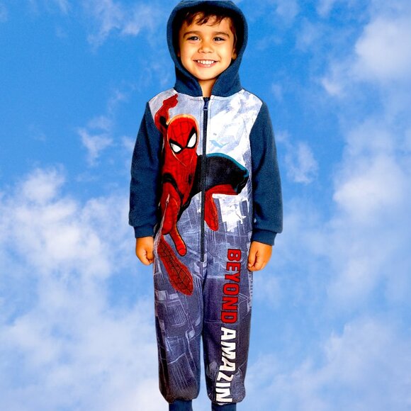 Kids Spider Hero Hooded Jumpsuit Pajama – Zip-Up One-Piece - Picture 1 of 7